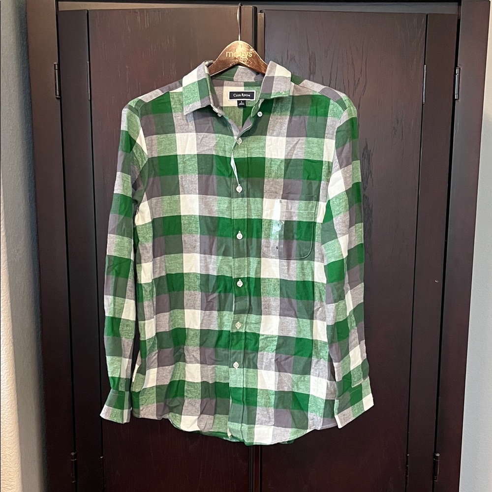 Club Room Men's Green, White and Gray Checkered Shirt